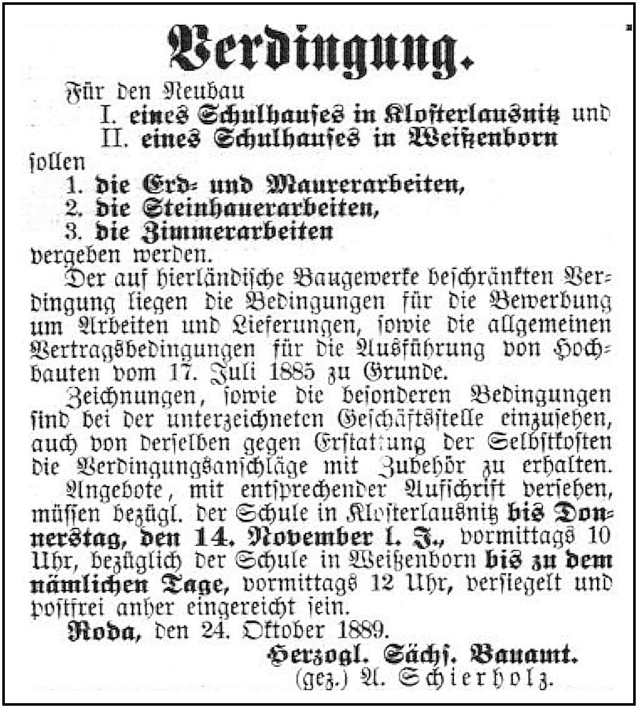 1889-10-24 Kl Ausschreibung Schulneubau